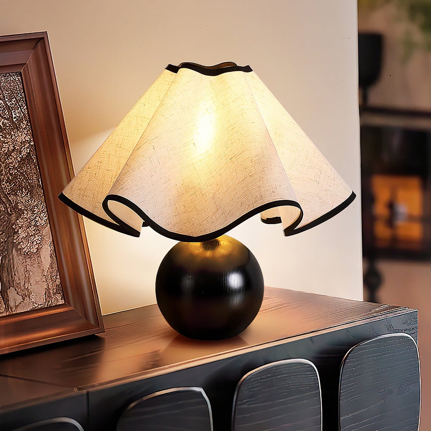 Wavecrest Table Lamp | Wooden Base & Fabric Shade | Walnut Color