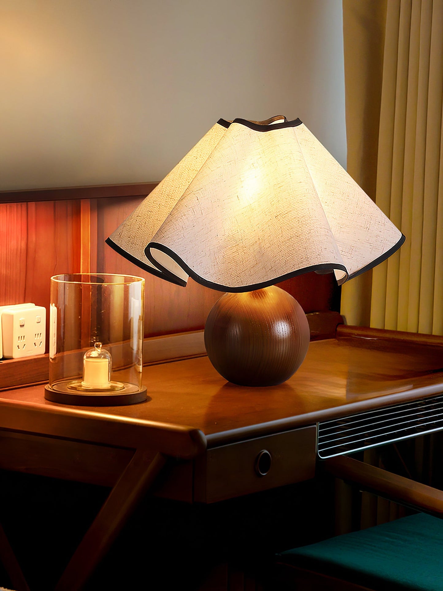 Wavecrest Table Lamp | Wooden Base & Fabric Shade | Walnut Color