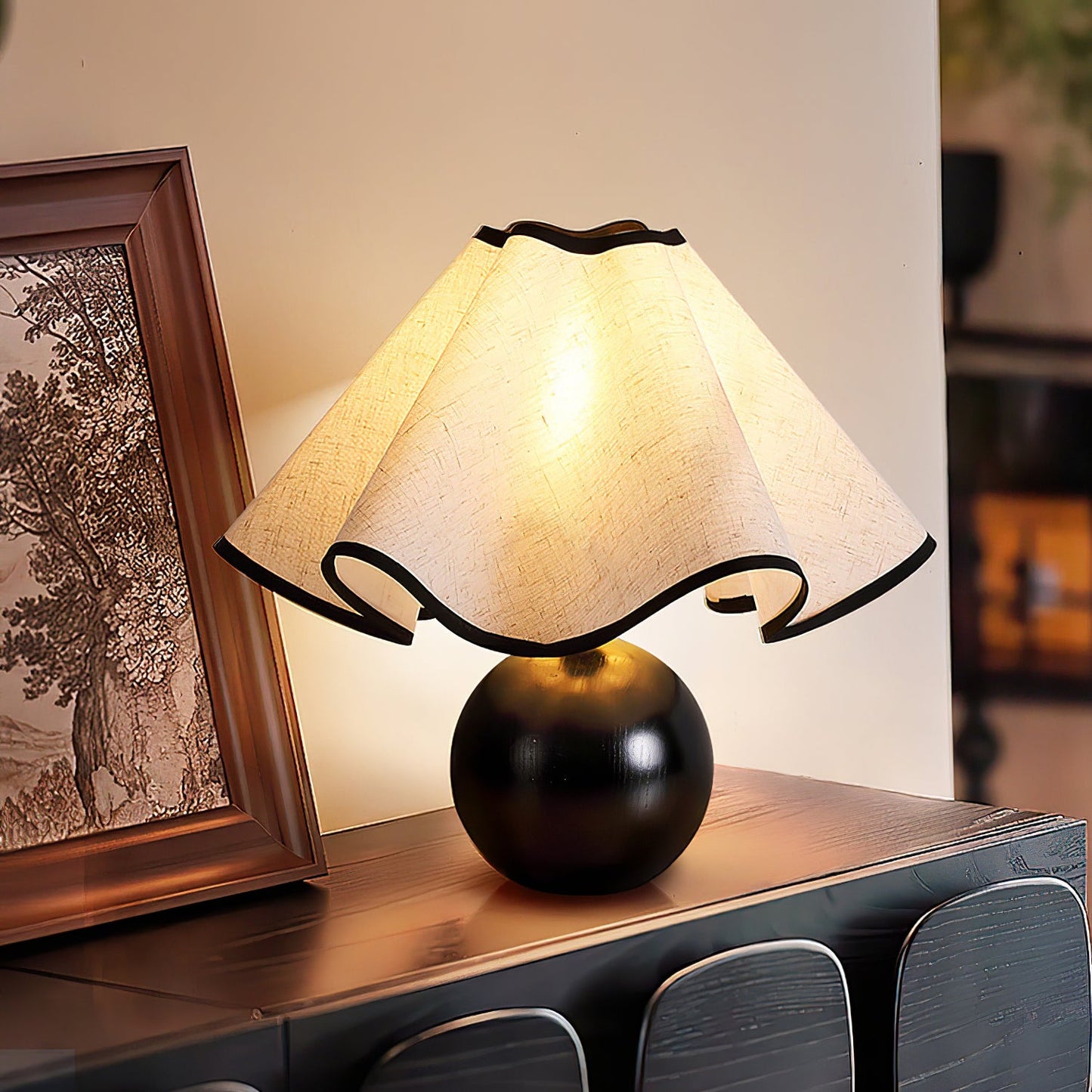 Wavecrest Table Lamp | Wooden Base & Fabric Shade | Walnut Color