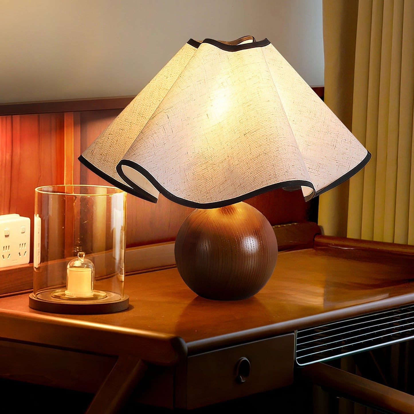 Wavecrest Table Lamp | Wooden Base & Fabric Shade | Walnut Color
