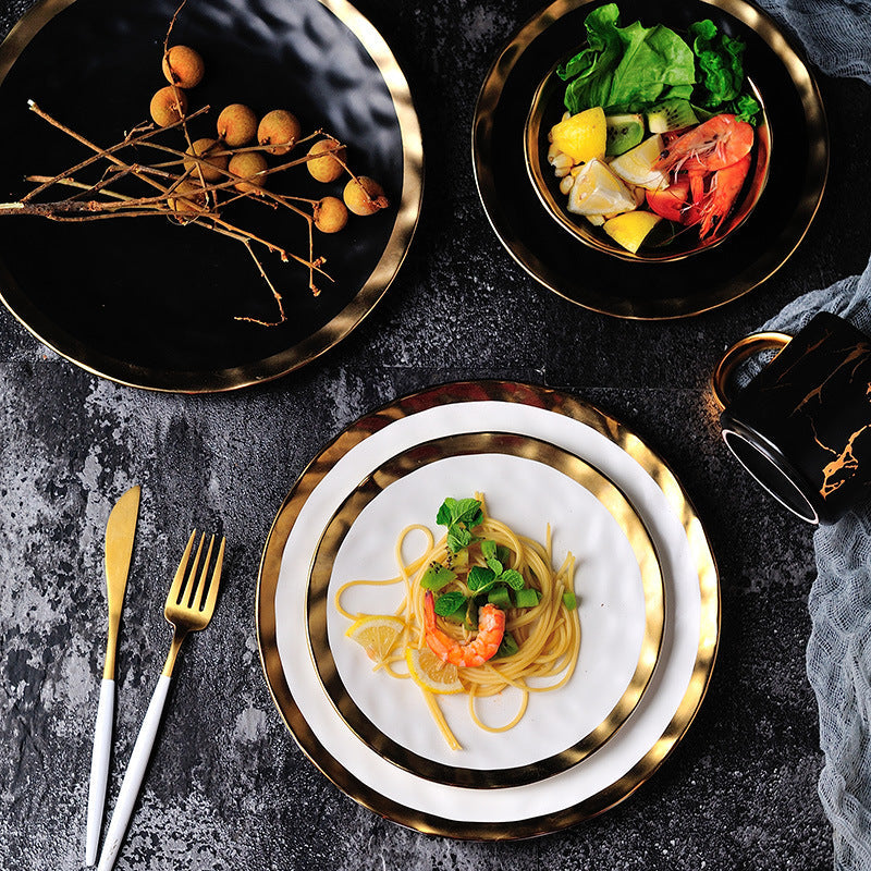 Pearl Plate Set | Handmade Fine Porcelain | Gold Rimmed, Cream & Black