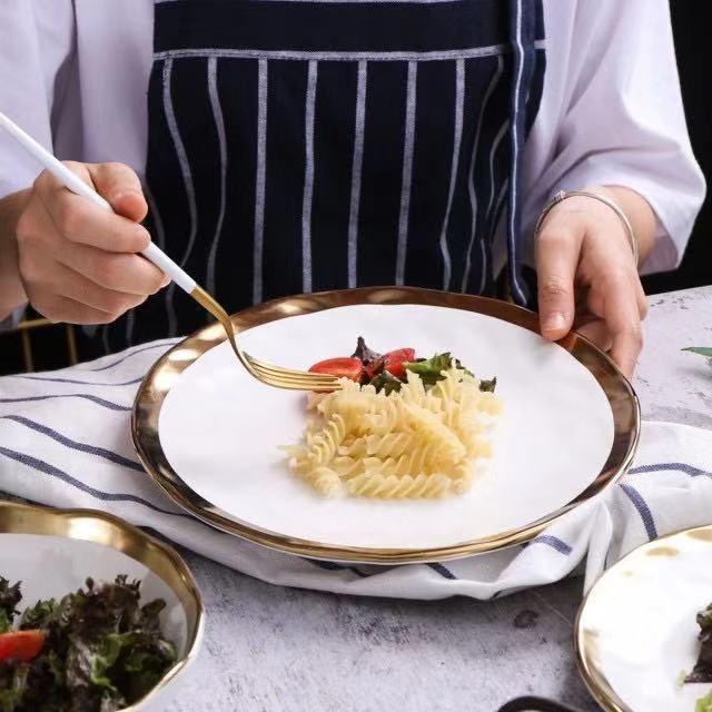 Pearl Plate Set | Handmade Fine Porcelain | Gold Rimmed, Cream & Black