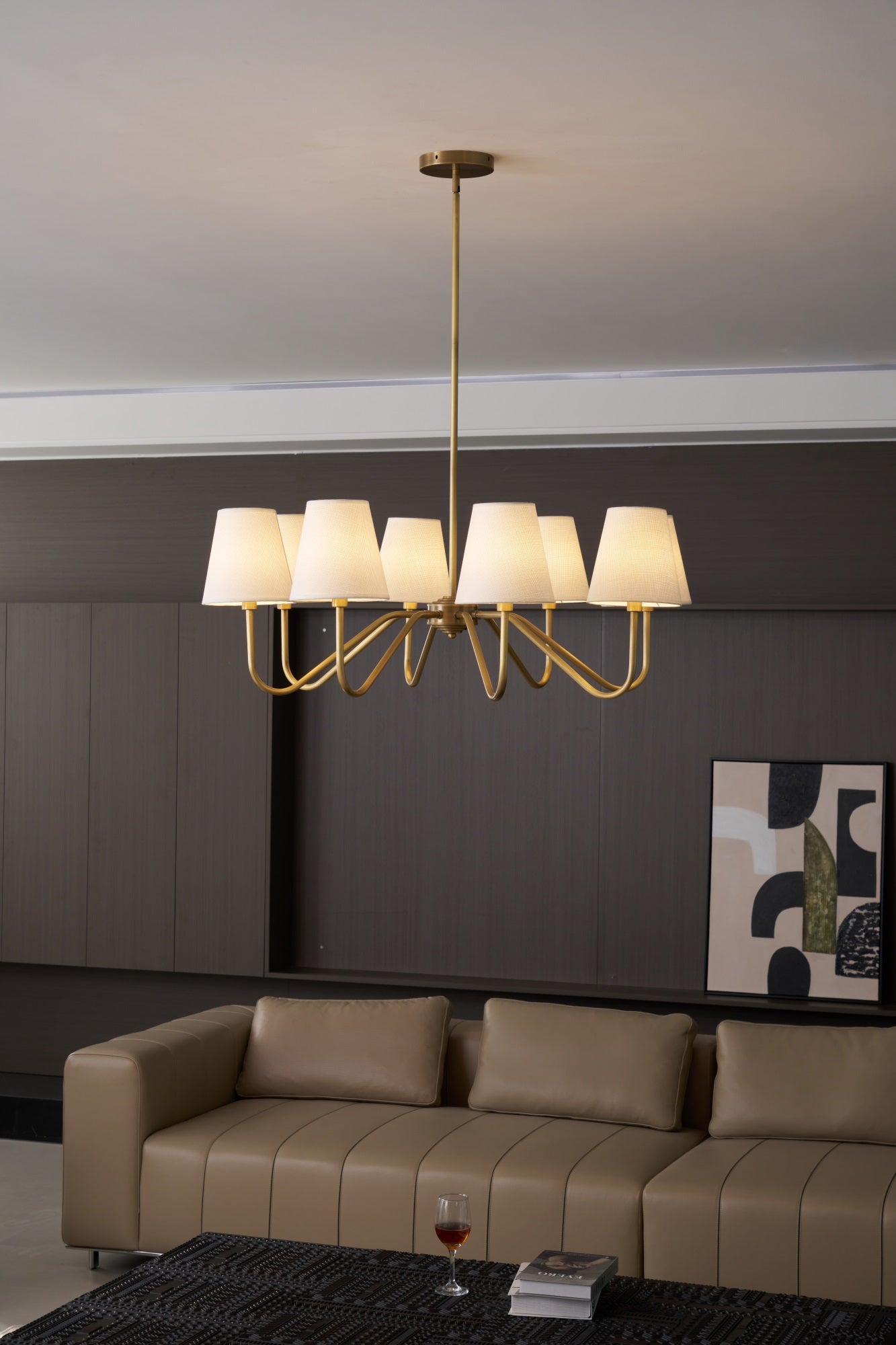 Welsley Chandelier | Brass with White Fabric Shade | 5 or 8 Lights