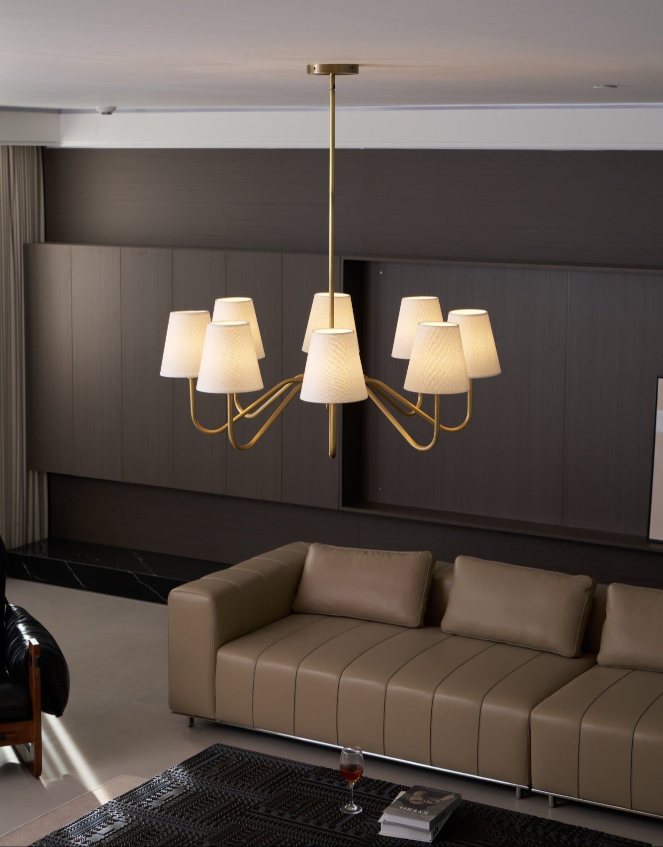Welsley Chandelier | Brass with White Fabric Shade | 5 or 8 Lights