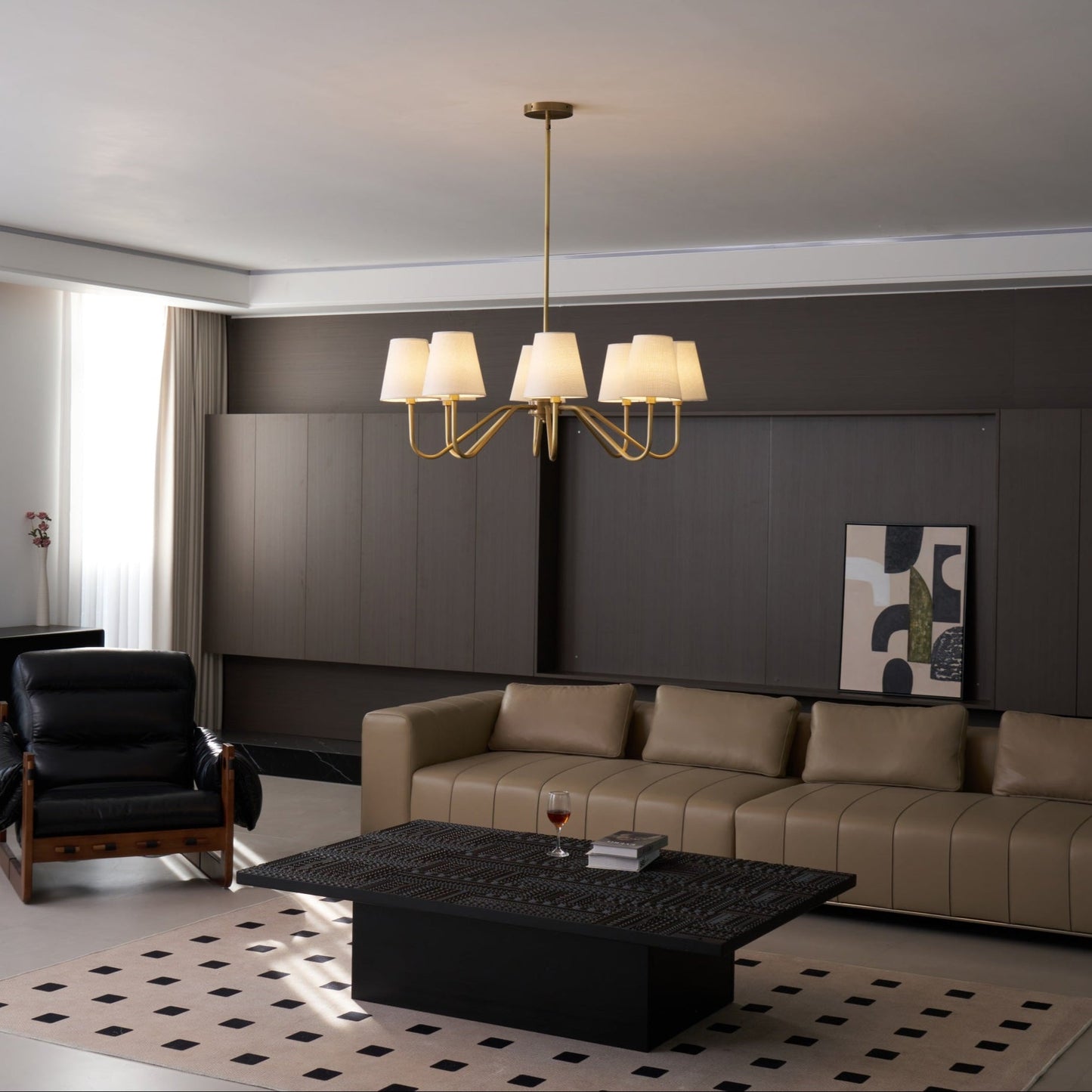 Welsley Chandelier | Brass with White Fabric Shade | 5 or 8 Lights