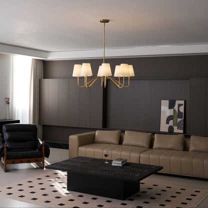 Welsley Chandelier | Brass with White Fabric Shade | 5 or 8 Lights