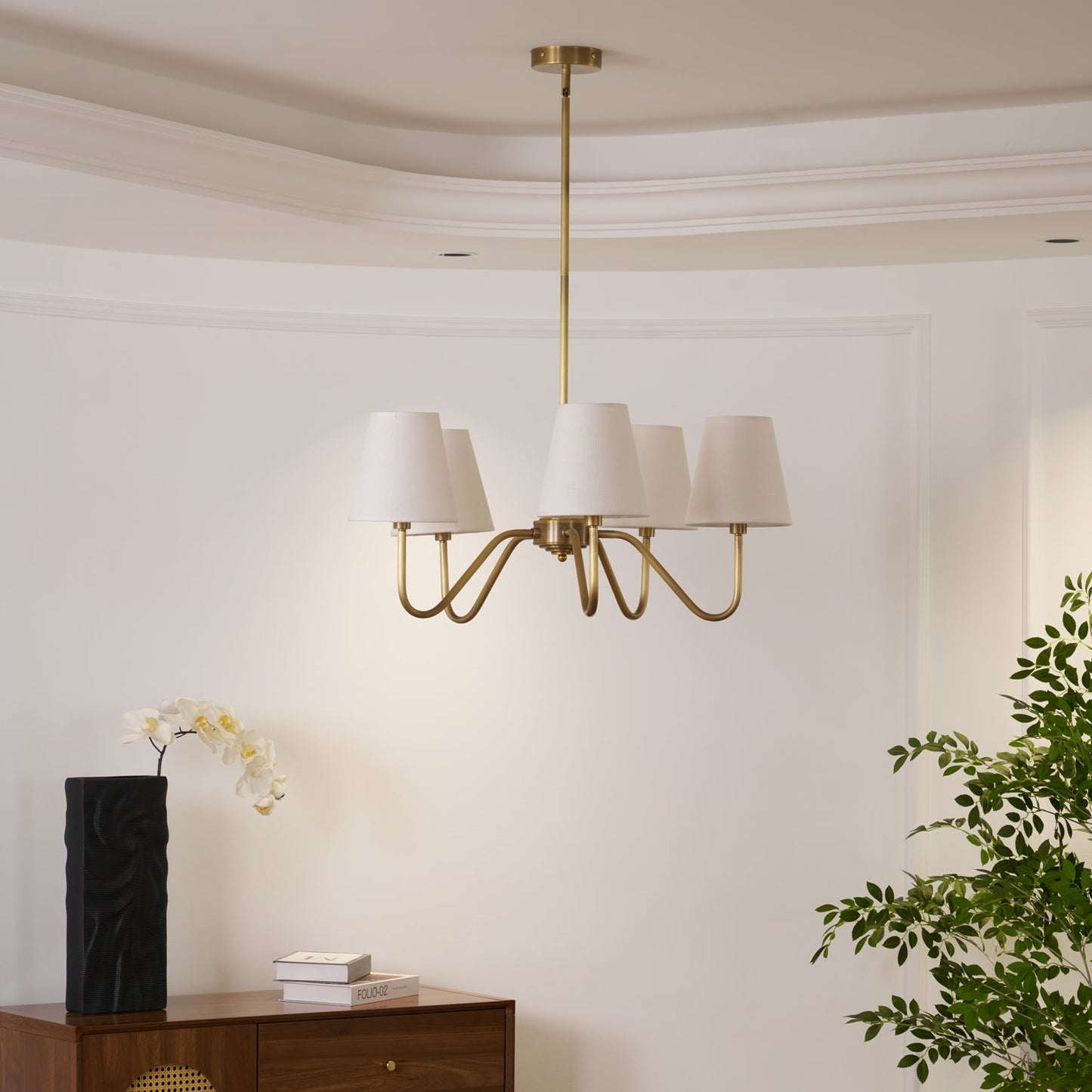 Welsley Chandelier | Brass with White Fabric Shade | 5 or 8 Lights