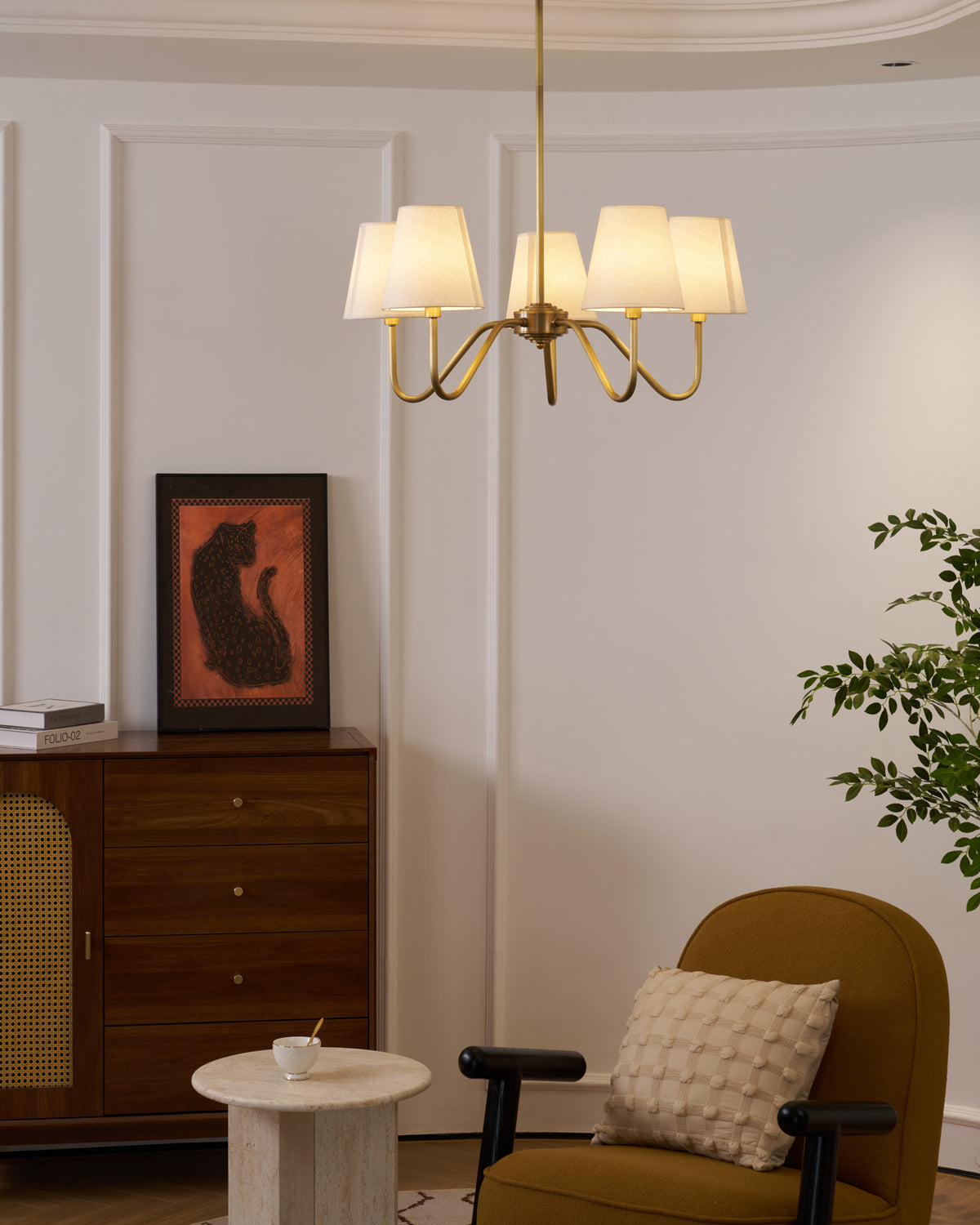 Welsley Chandelier | Brass with White Fabric Shade | 5 or 8 Lights