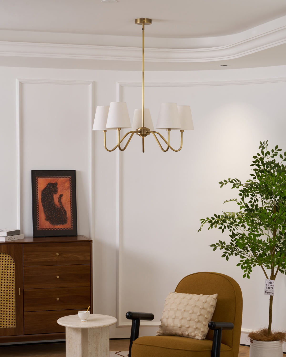 Welsley Chandelier | Brass with White Fabric Shade | 5 or 8 Lights