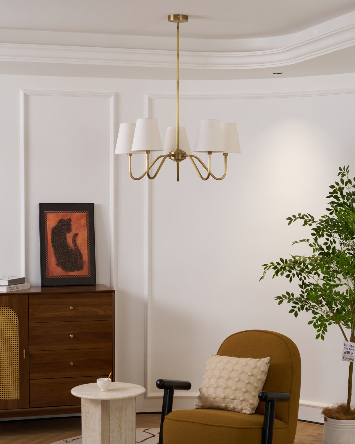 Welsley Chandelier | Brass with White Fabric Shade | 5 or 8 Lights