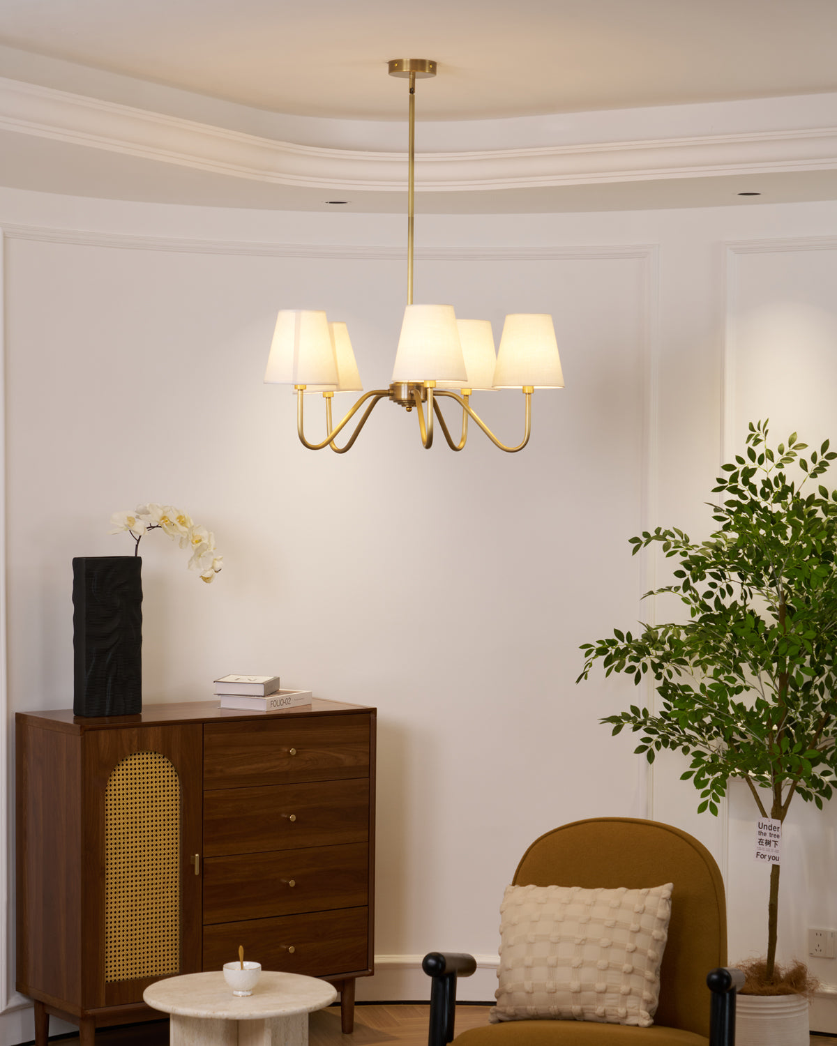 Welsley Chandelier | Brass with White Fabric Shade | 5 or 8 Lights