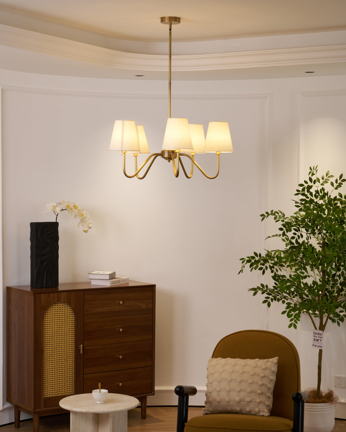 Welsley Chandelier | Brass with White Fabric Shade | 5 or 8 Lights