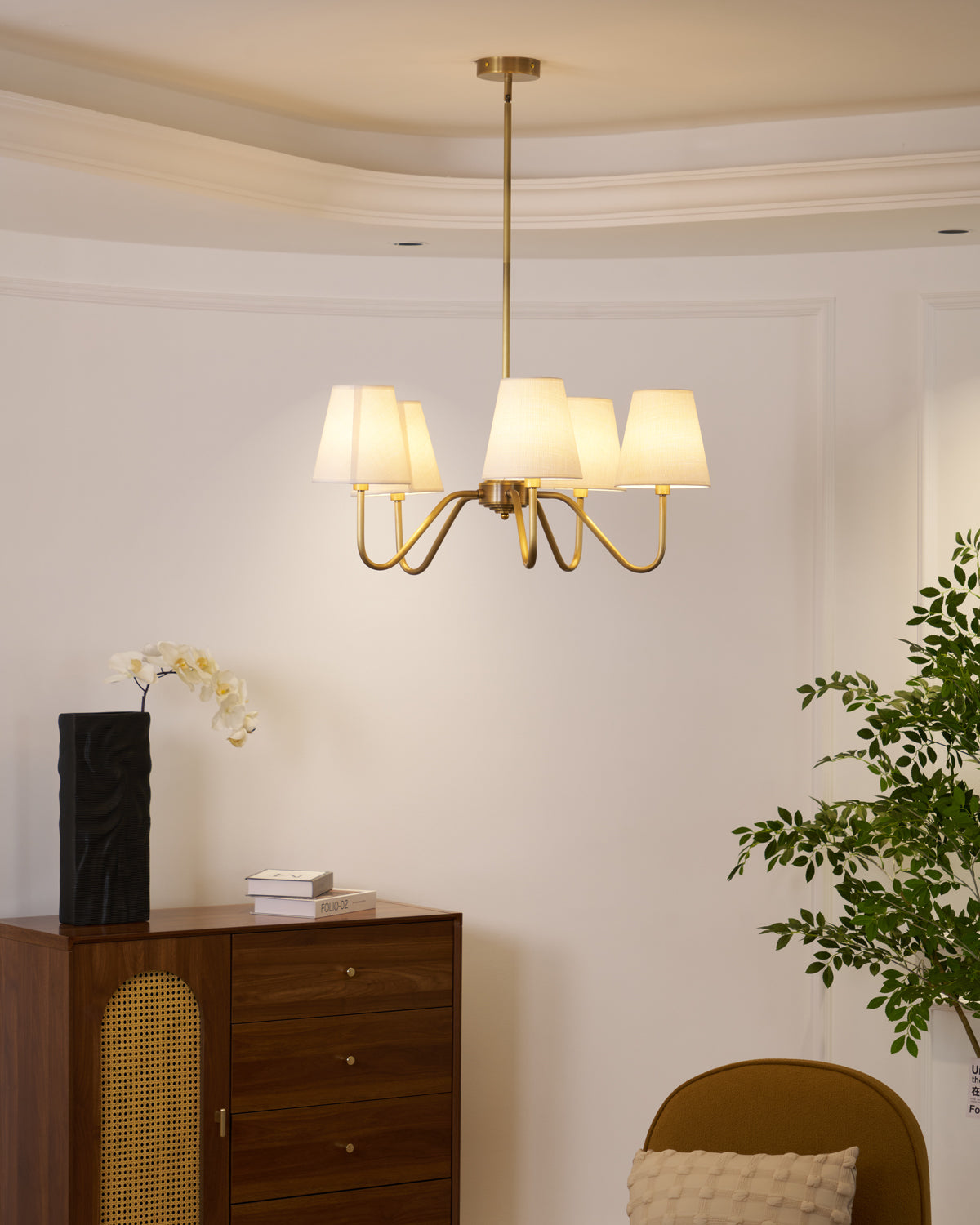 Welsley Chandelier | Brass with White Fabric Shade | 5 or 8 Lights