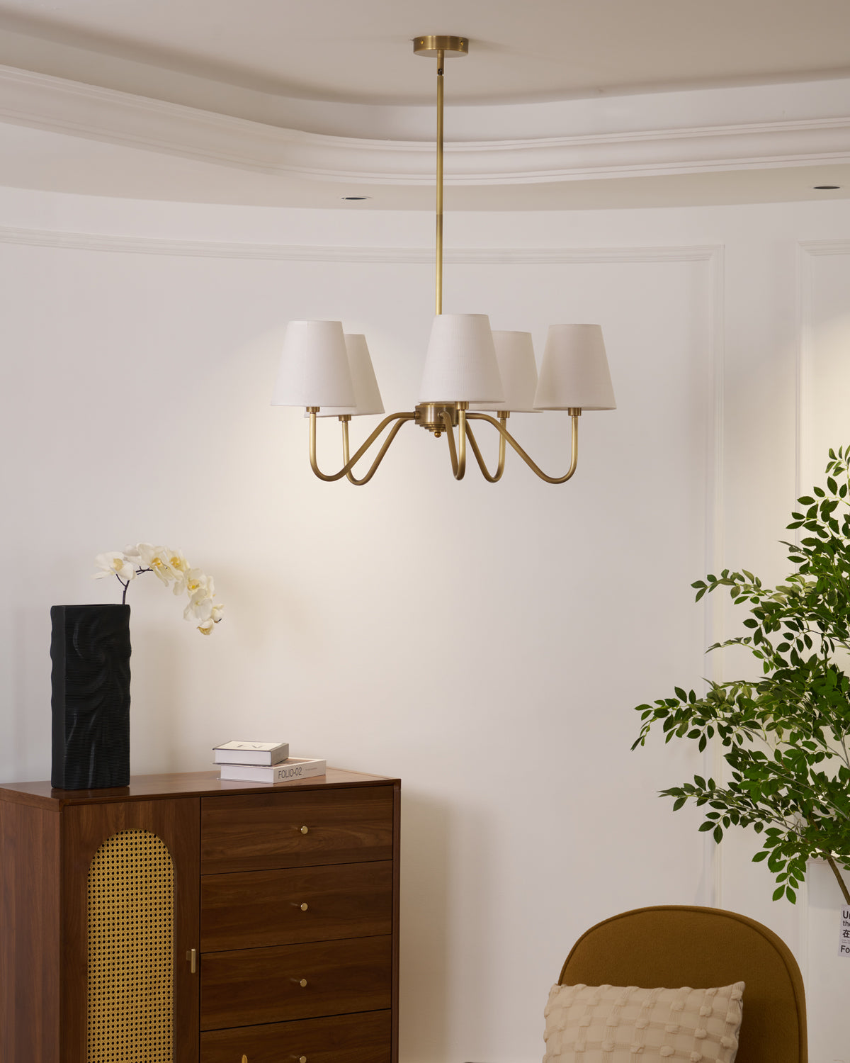 Welsley Chandelier | Brass with White Fabric Shade | 5 or 8 Lights