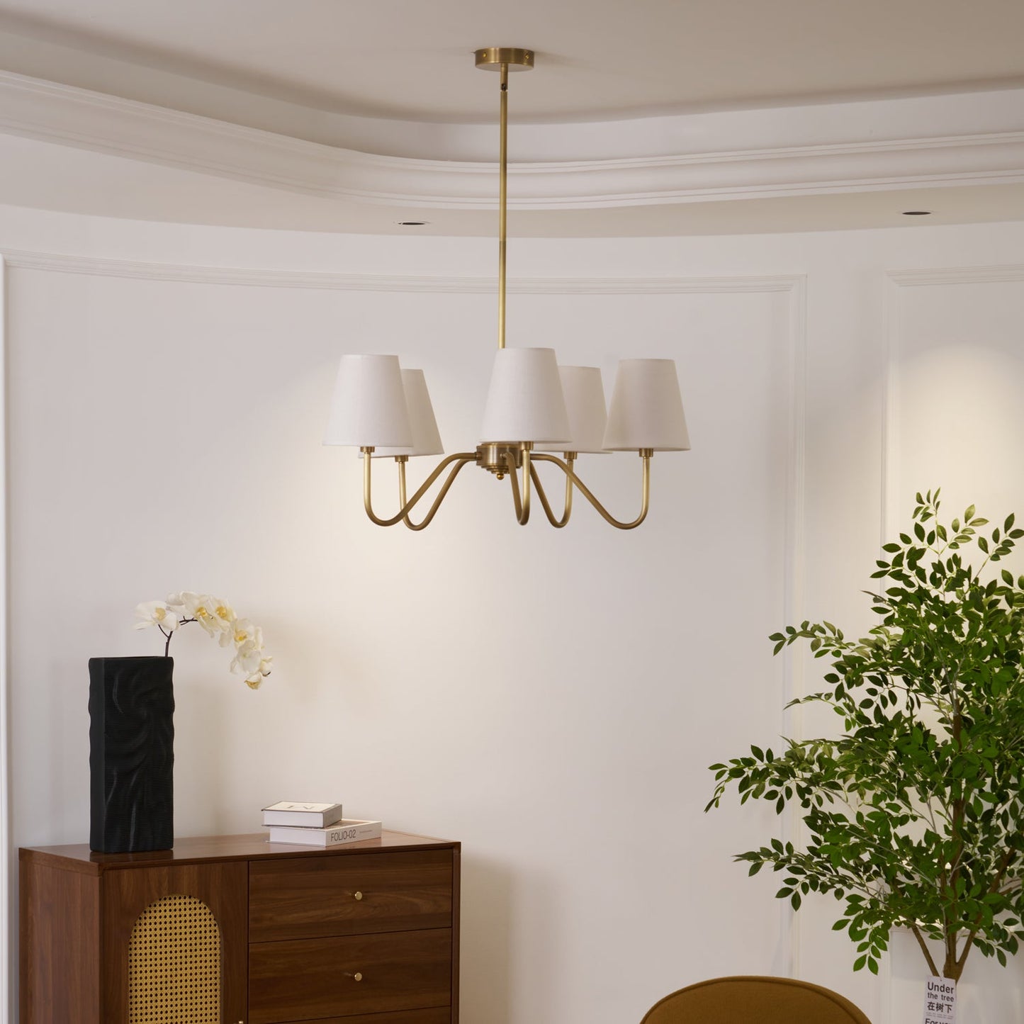 Welsley Chandelier | Brass with White Fabric Shade | 5 or 8 Lights