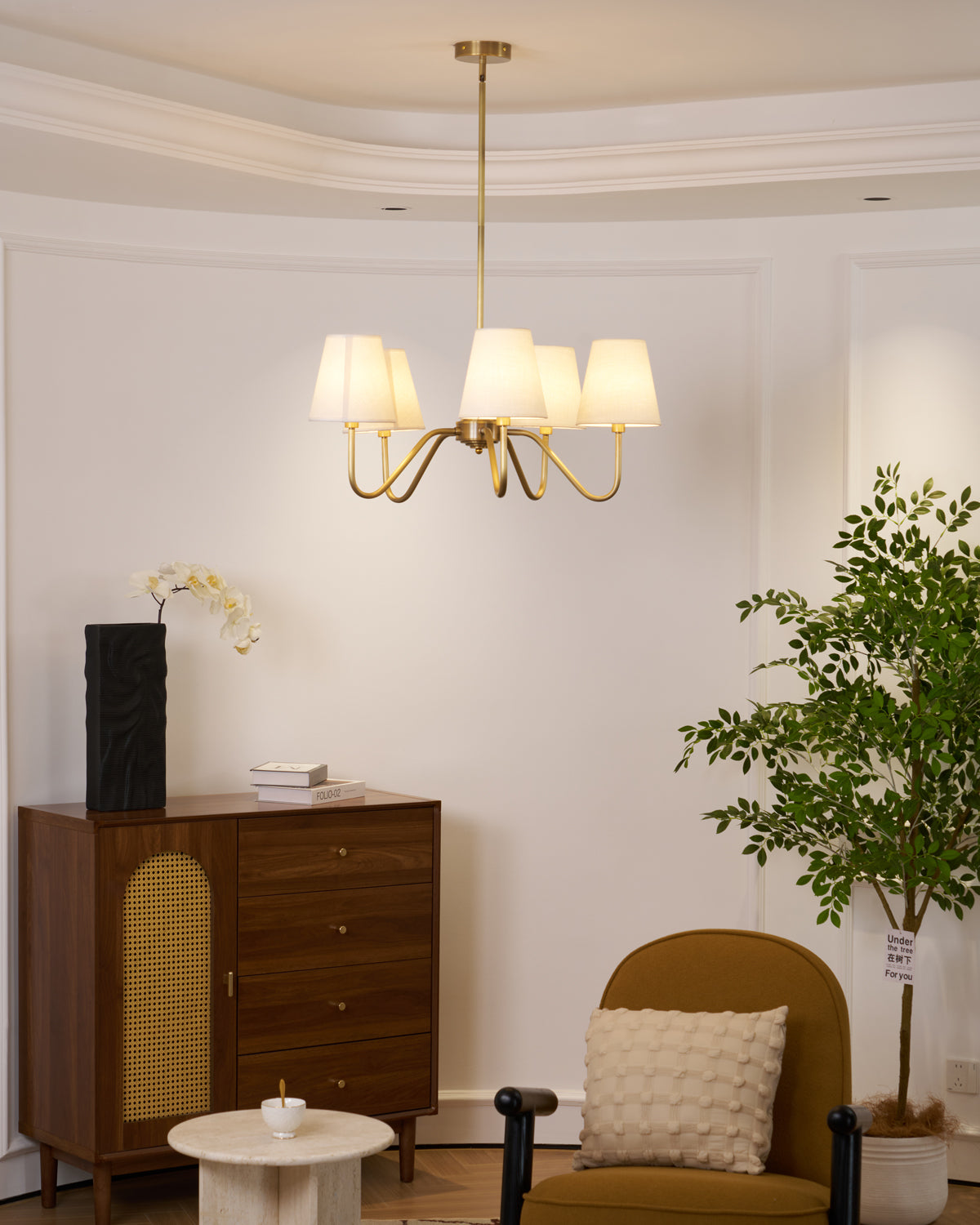 Welsley Chandelier | Brass with White Fabric Shade | 5 or 8 Lights