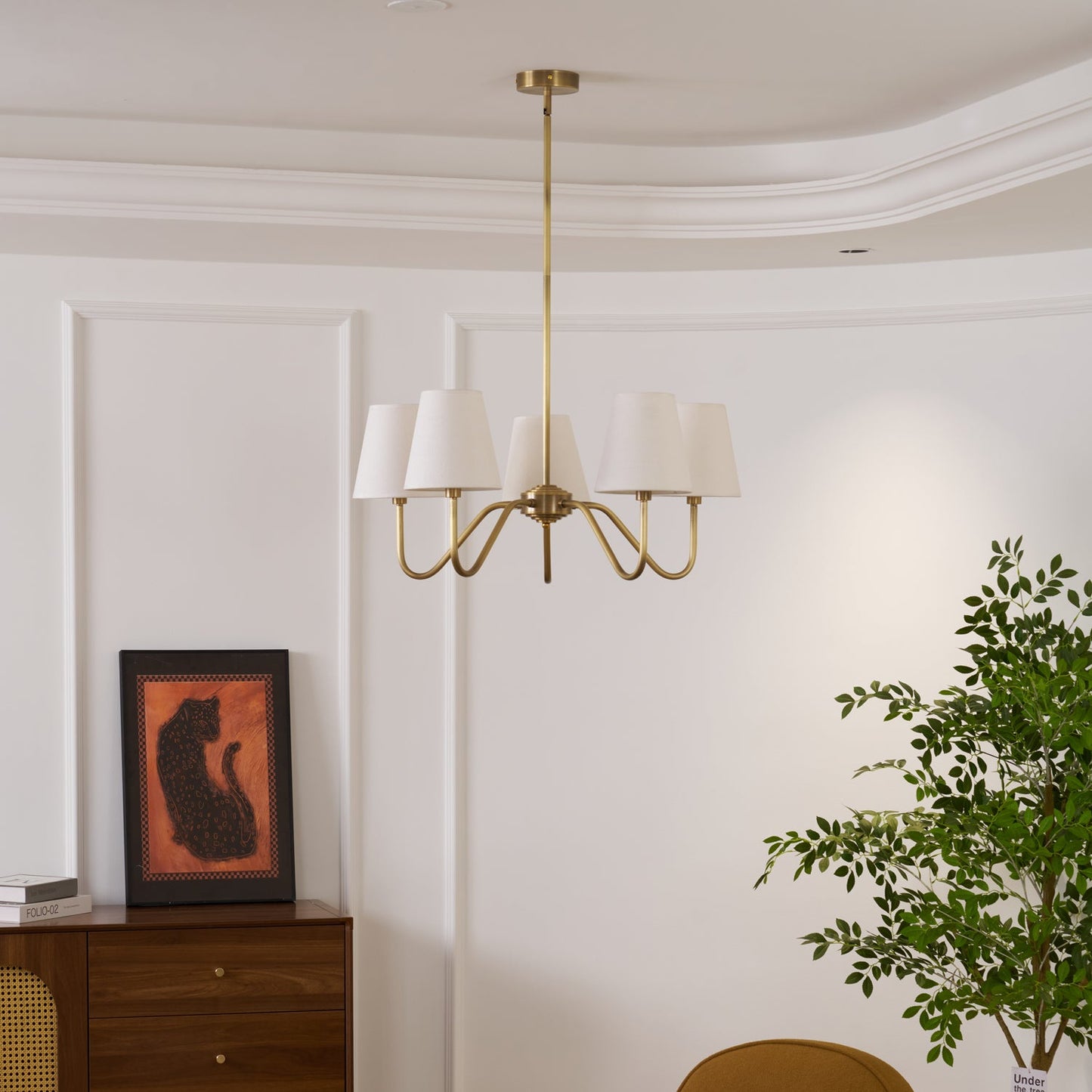 Welsley Chandelier | Brass with White Fabric Shade | 5 or 8 Lights