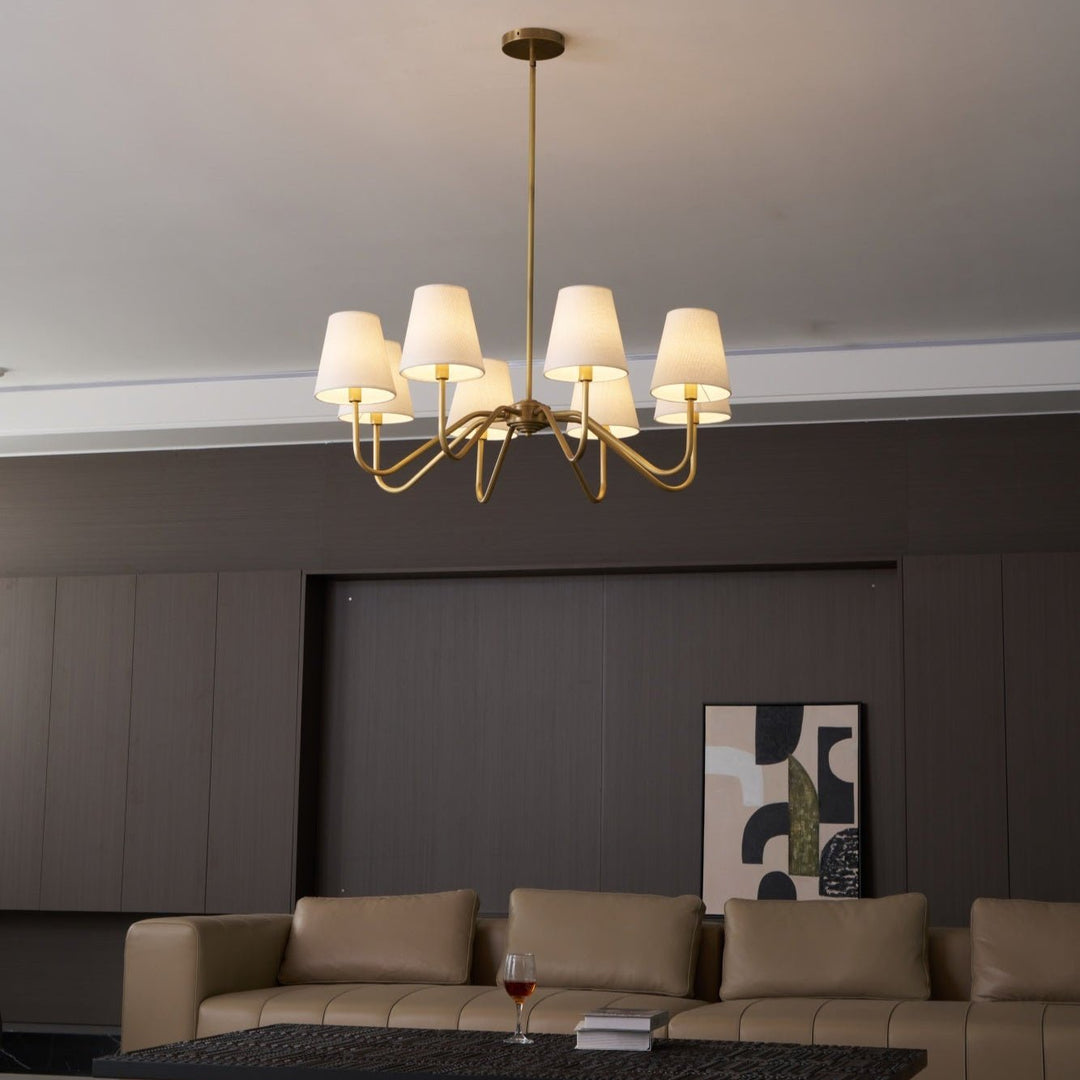 Welsley Chandelier | Brass with White Fabric Shade | 5 or 8 Lights