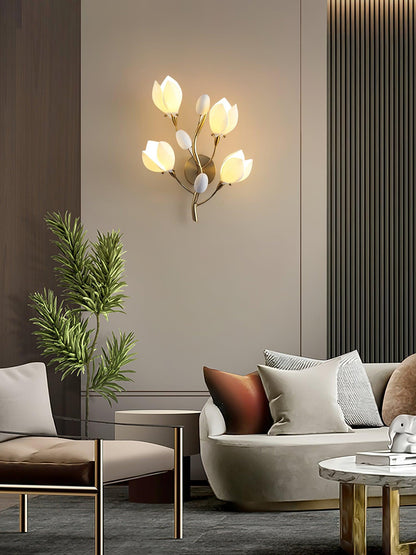 Porcelain Magnolia Wall Lamp | White Ceramic & Gold Metal | Set of 2