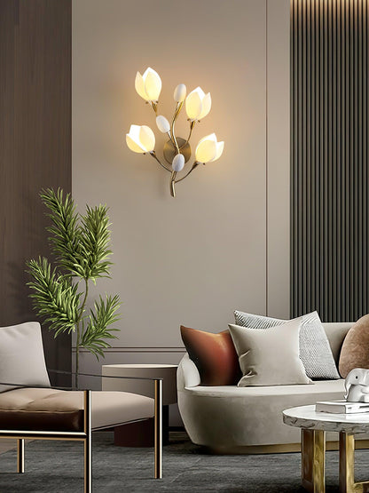 Porcelain Magnolia Wall Lamp | White Ceramic & Gold Metal | Set of 2