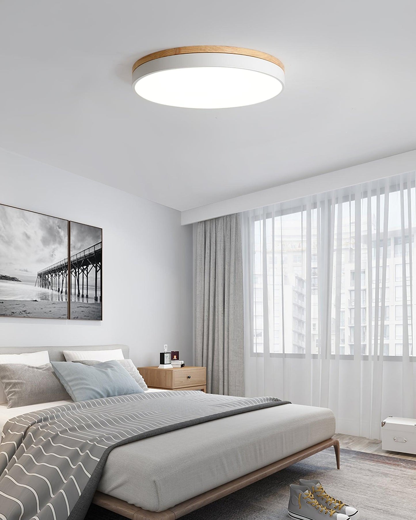 White Round Wooden Ceiling Lamp | Built-in LED | 30cm, 40cm, 50cm Options