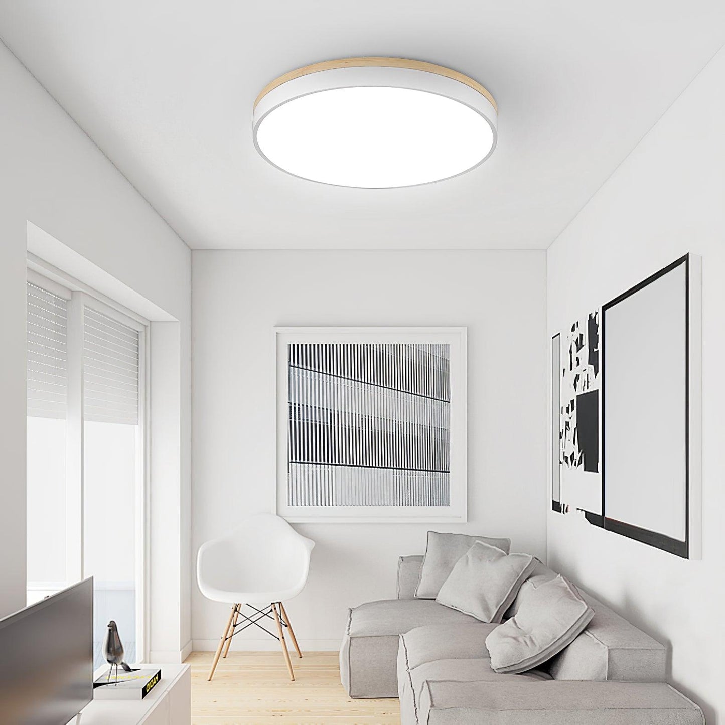 White Round Wooden Ceiling Lamp | Built-in LED | 30cm, 40cm, 50cm Options