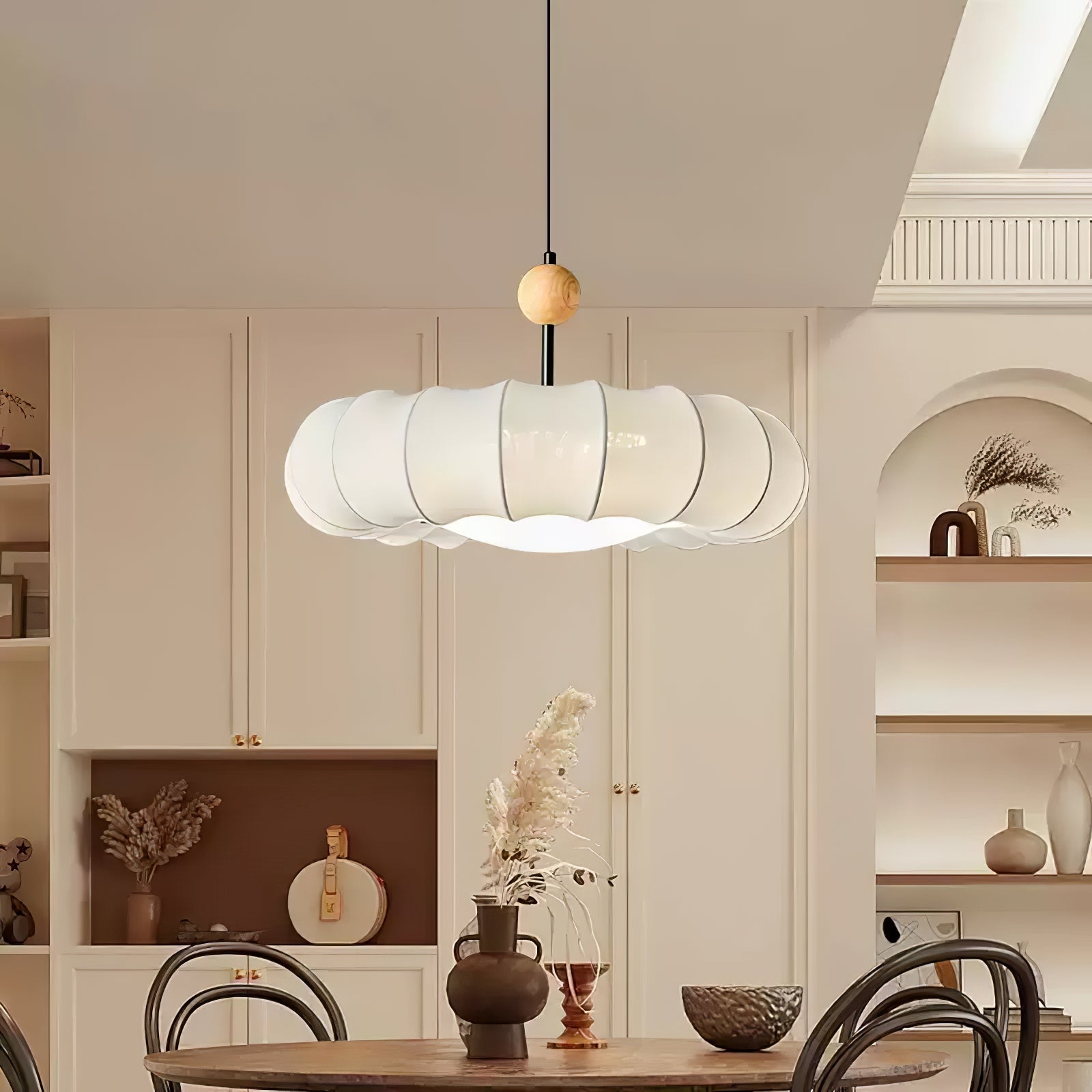 Winnie Pendant Light | Fabric & Wood | Gold Walnut Finish