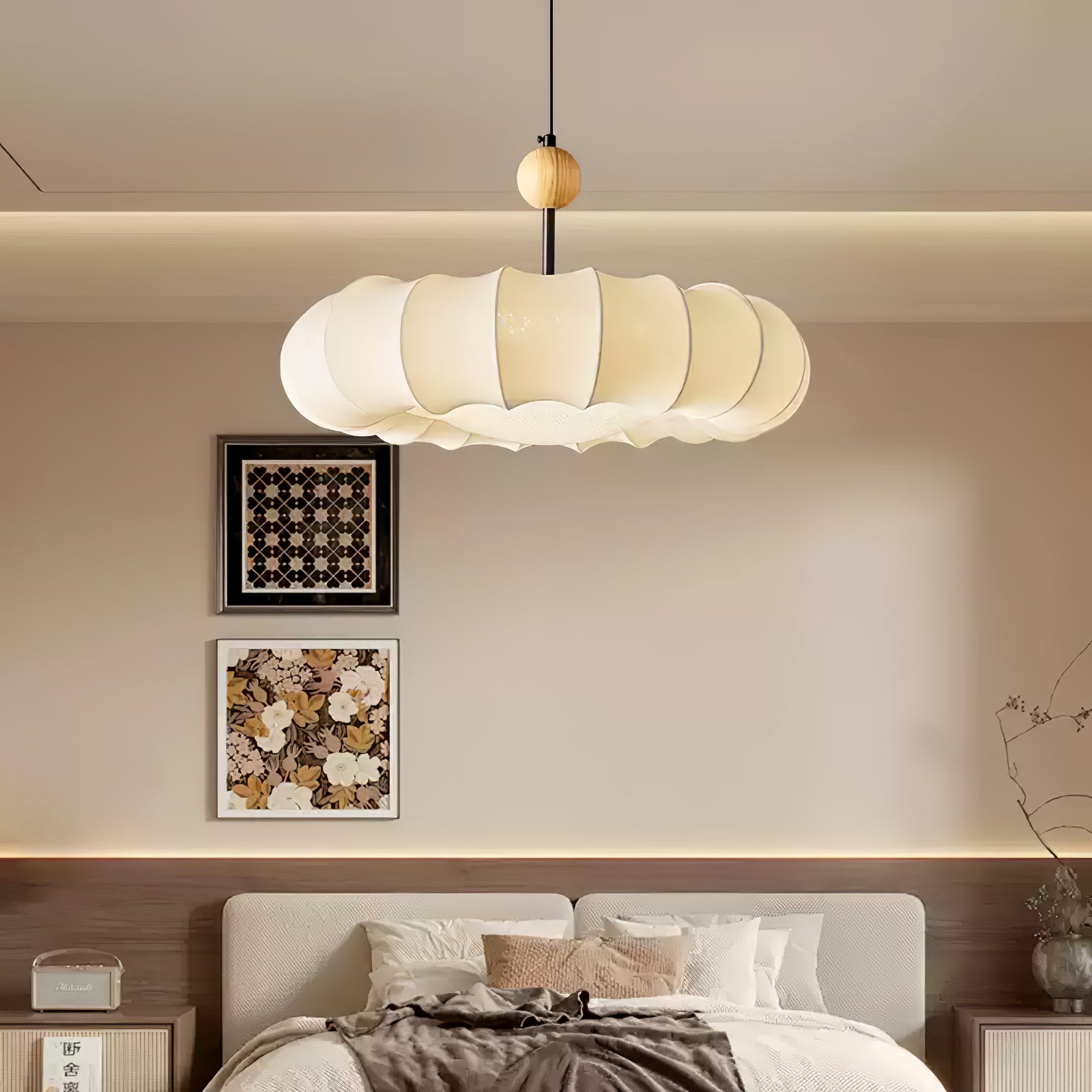 Winnie Pendant Light | Fabric & Wood | Gold Walnut Finish