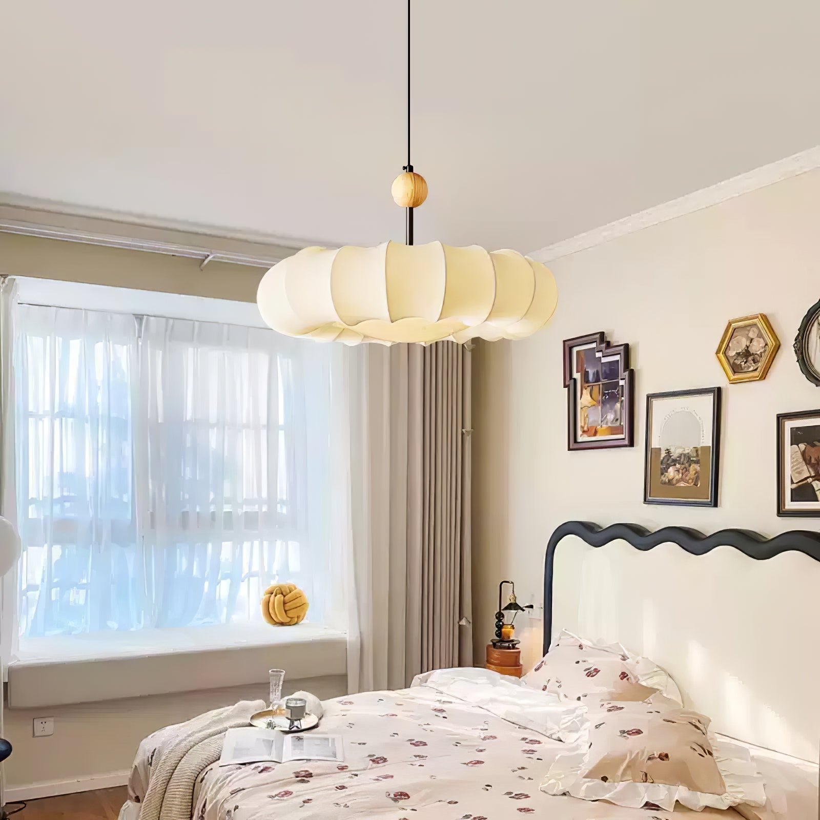 Winnie Pendant Light | Fabric & Wood | Gold Walnut Finish