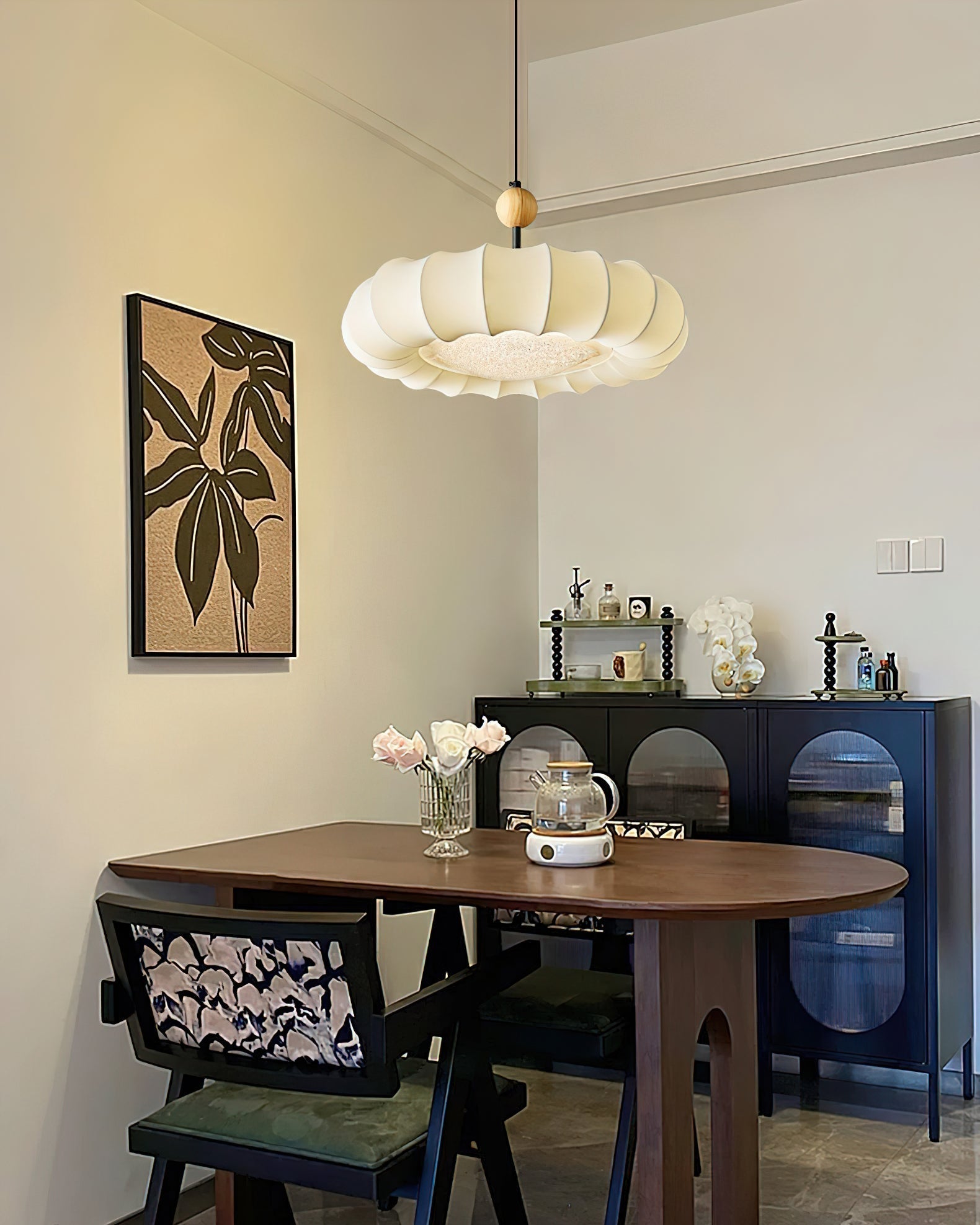 Winnie Pendant Light | Fabric & Wood | Gold Walnut Finish