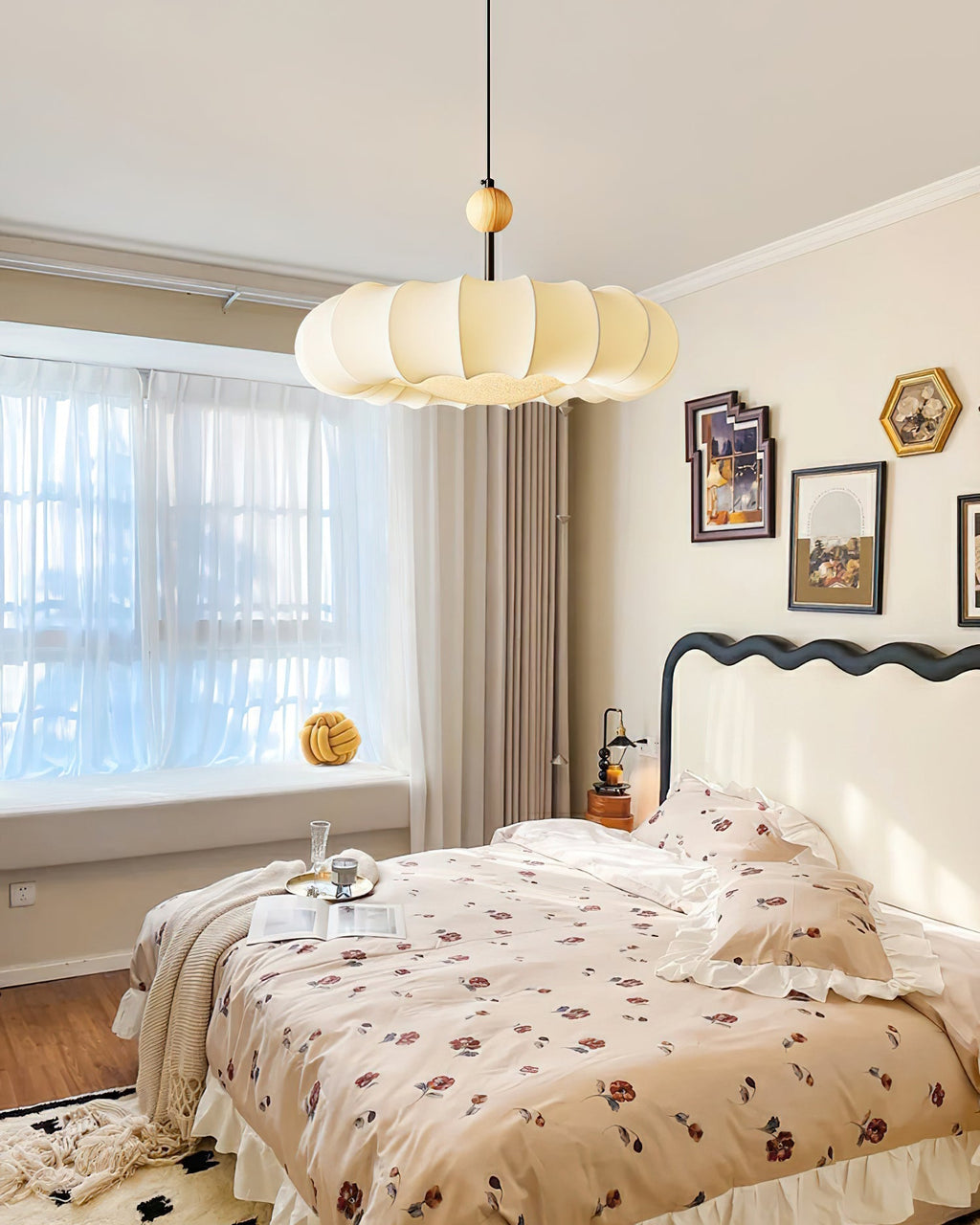 Winnie Pendant Light | Fabric & Wood | Gold Walnut Finish