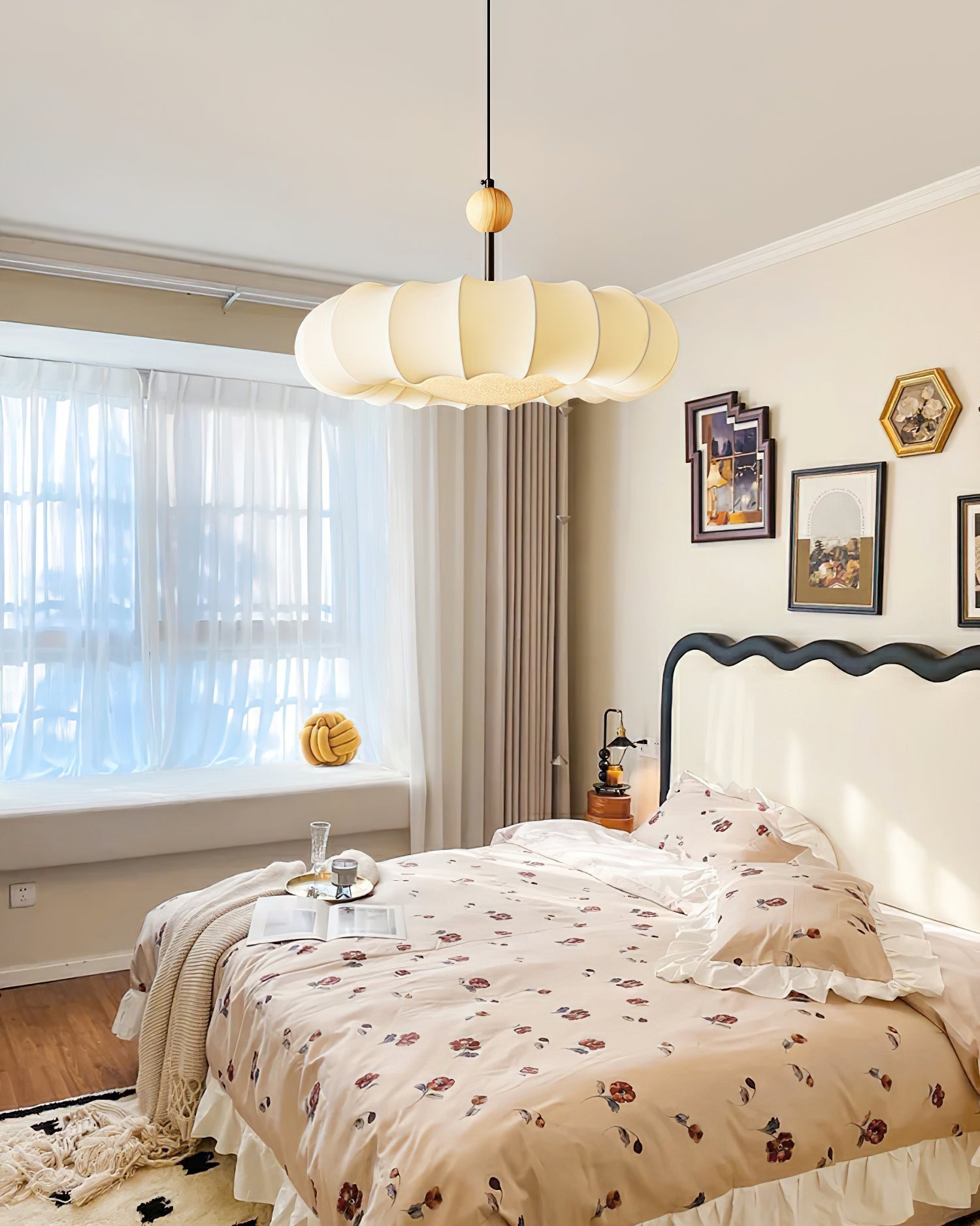 Winnie Pendant Light | Fabric & Wood | Gold Walnut Finish