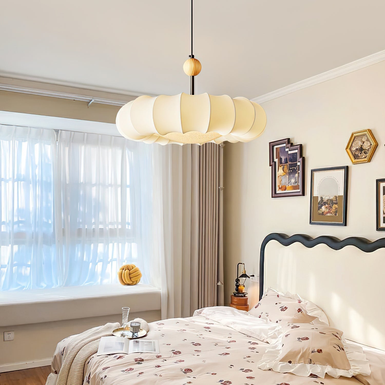 Winnie Pendant Light | Fabric & Wood | Gold Walnut Finish