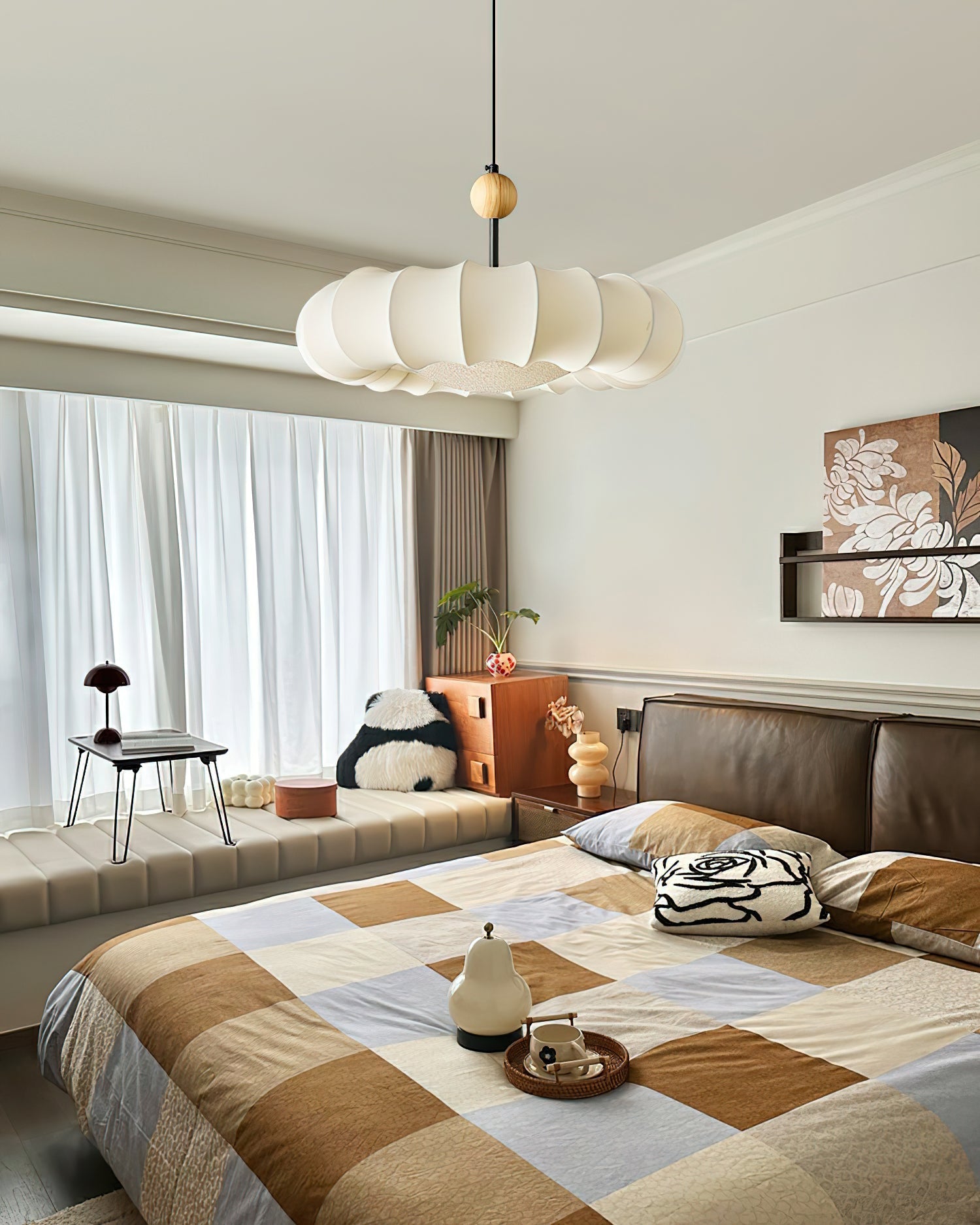 Winnie Pendant Light | Fabric & Wood | Gold Walnut Finish