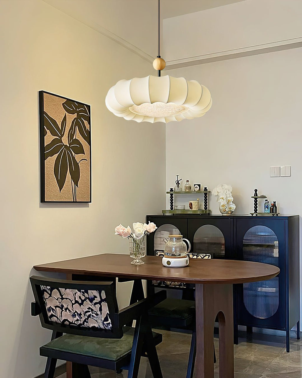 Winnie Pendant Light | Fabric & Wood | Gold Walnut Finish