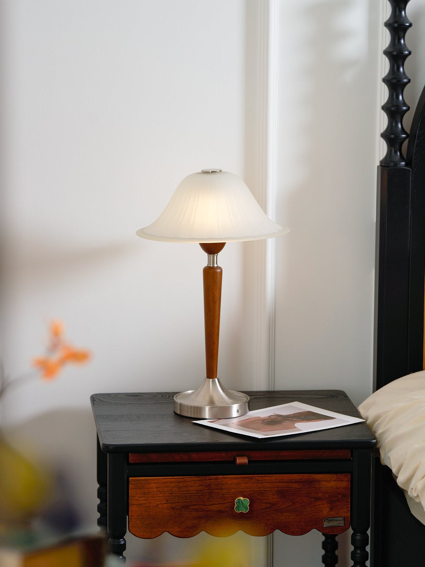 Vintage Table Lamp | Fluted Frosted Glass Shade | Walnut & Nickel Finish