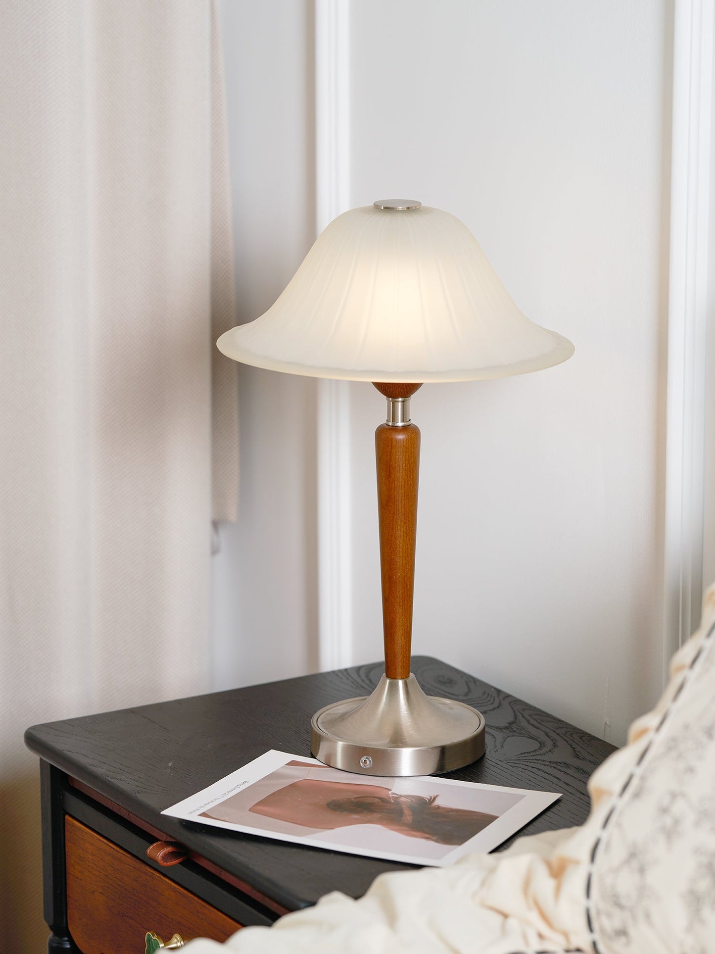 Vintage Table Lamp | Fluted Frosted Glass Shade | Walnut & Nickel Finish