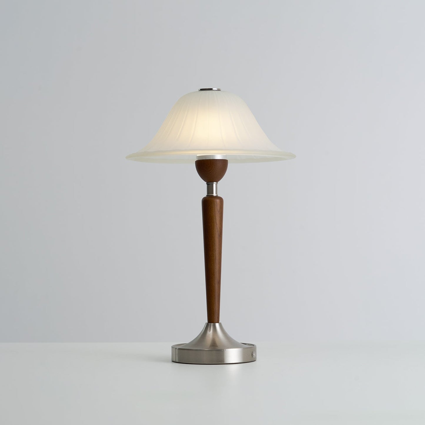 Vintage Table Lamp | Fluted Frosted Glass Shade | Walnut & Nickel Finish