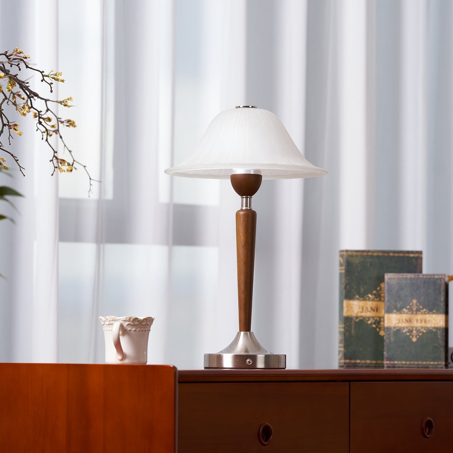 Vintage Table Lamp | Fluted Frosted Glass Shade | Walnut & Nickel Finish
