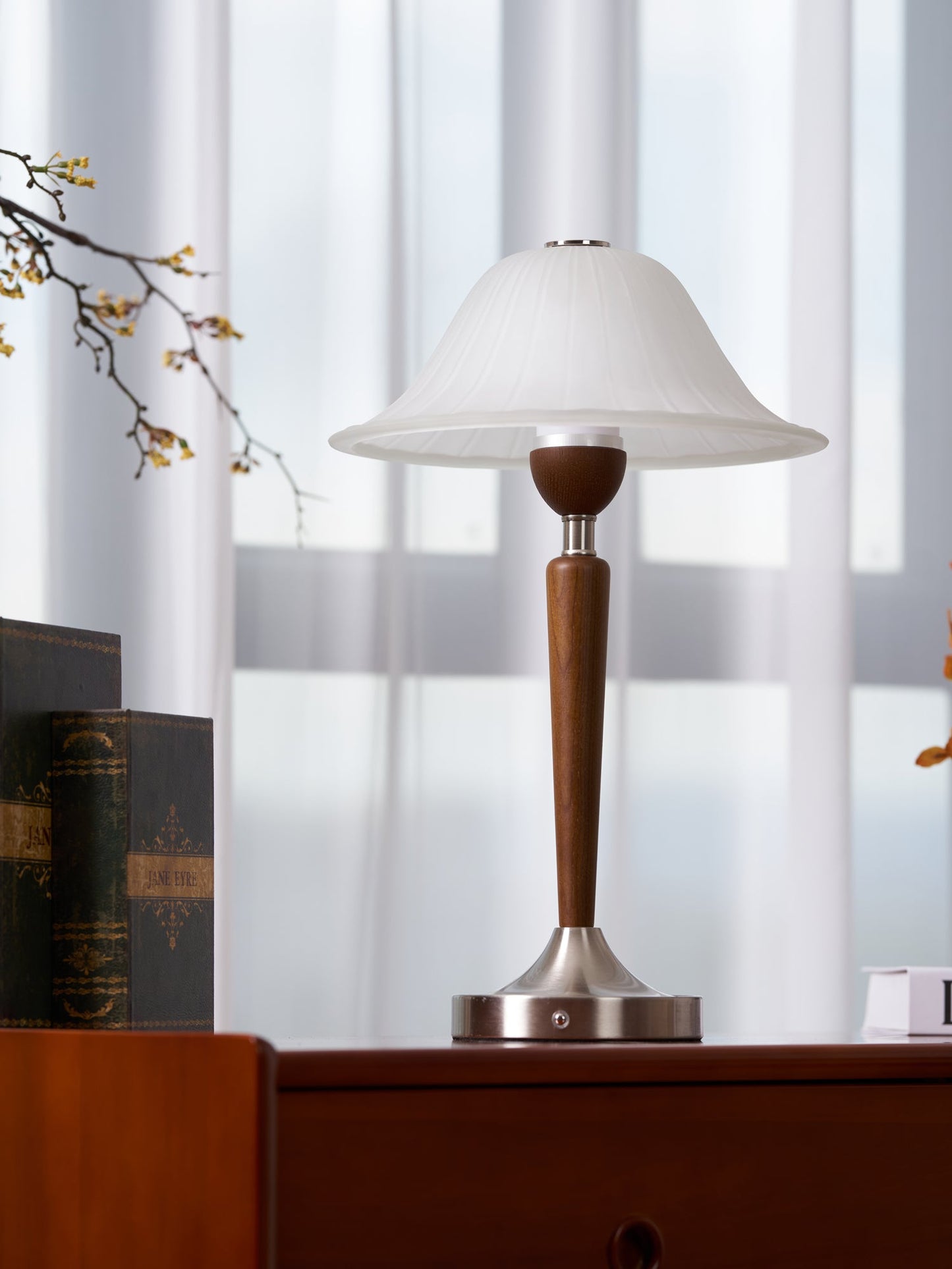 Vintage Table Lamp | Fluted Frosted Glass Shade | Walnut & Nickel Finish