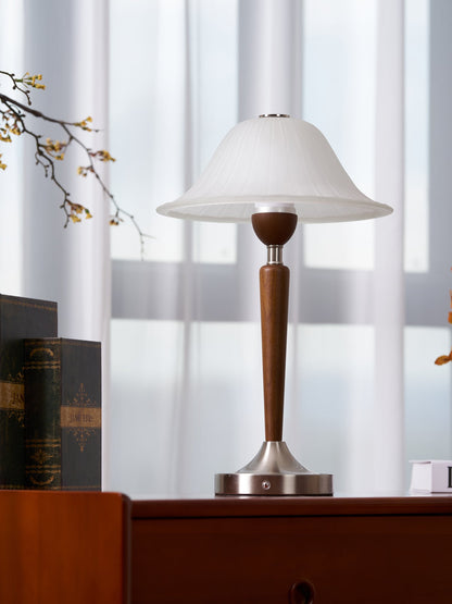 Vintage Table Lamp | Fluted Frosted Glass Shade | Walnut & Nickel Finish
