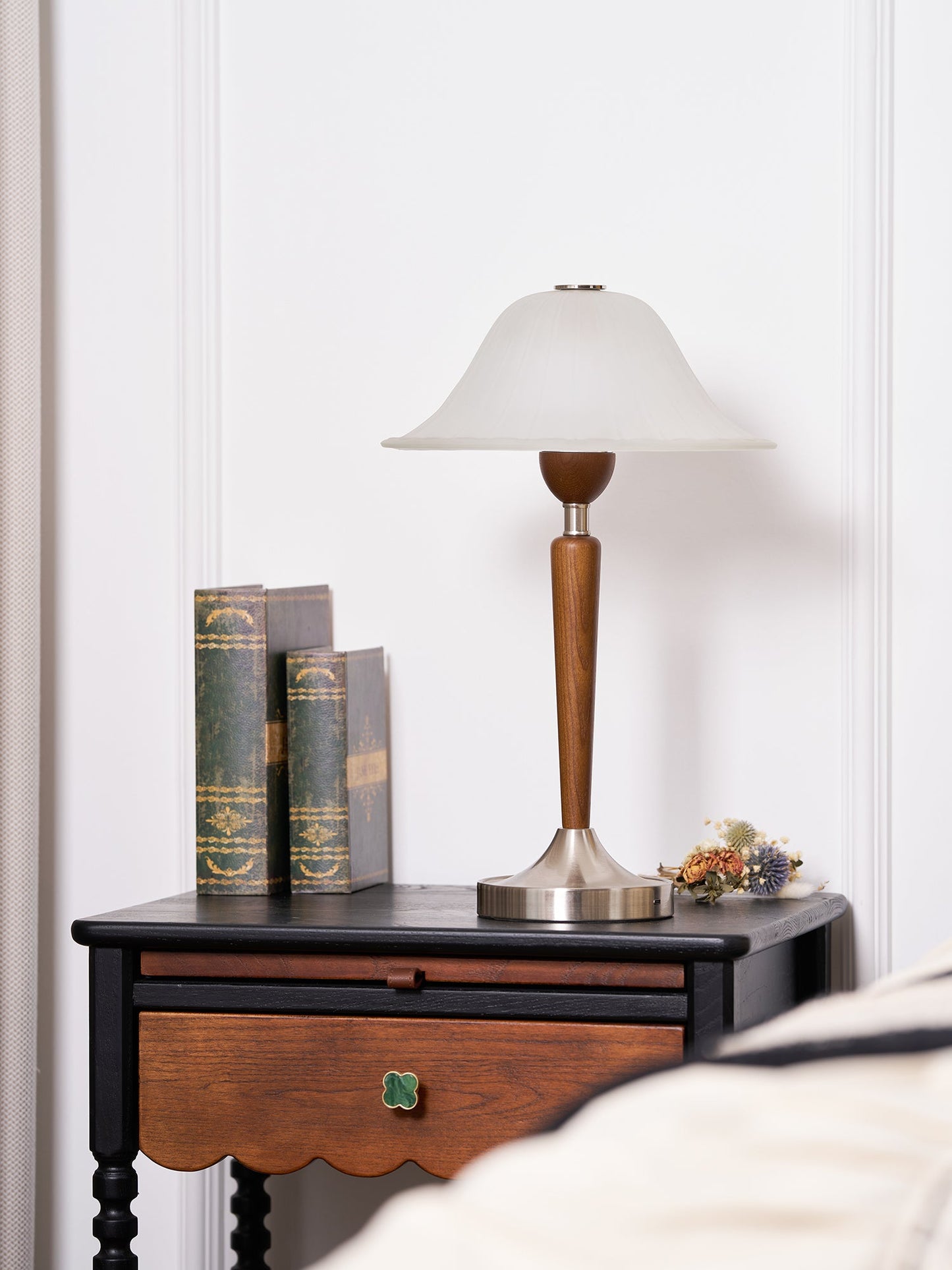 Vintage Table Lamp | Fluted Frosted Glass Shade | Walnut & Nickel Finish