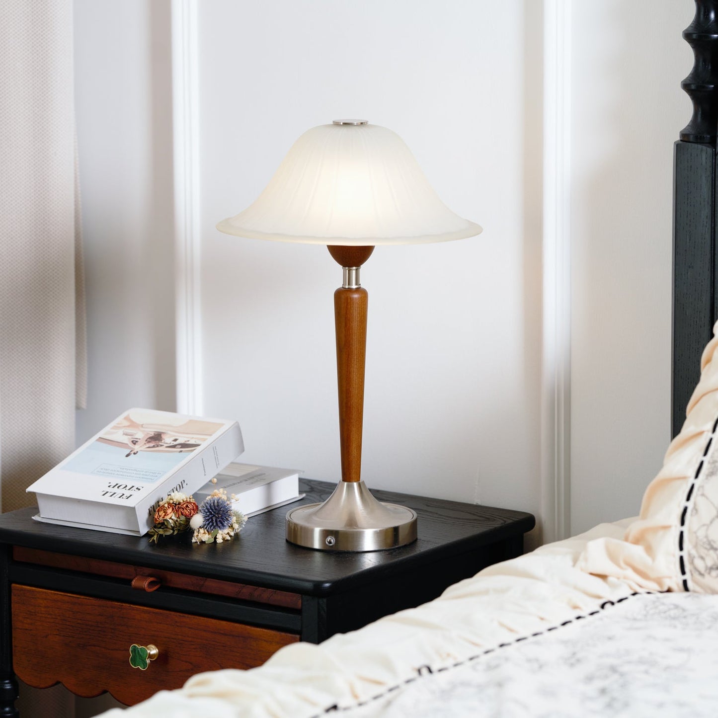 Vintage Table Lamp | Fluted Frosted Glass Shade | Walnut & Nickel Finish