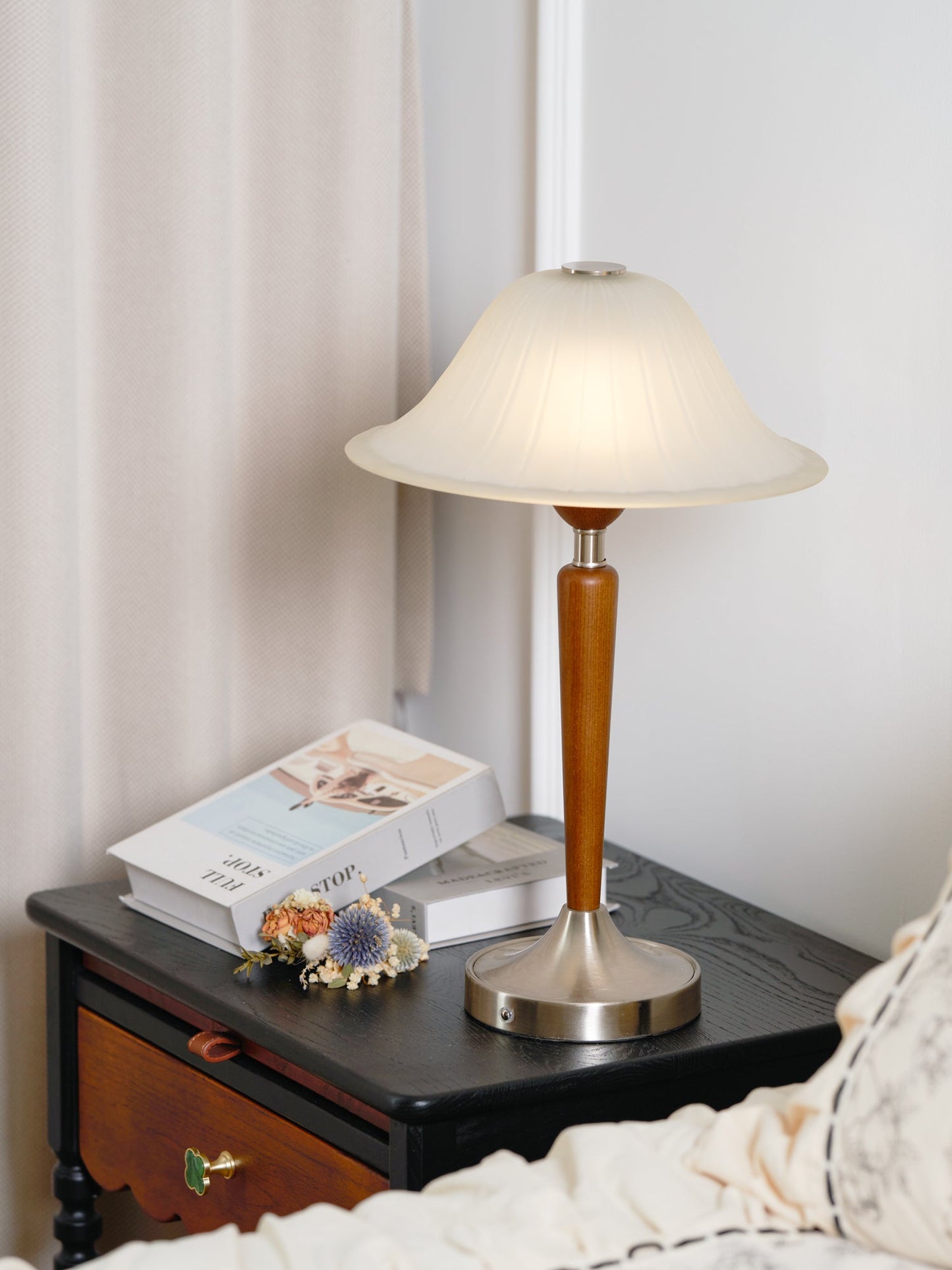 Vintage Table Lamp | Fluted Frosted Glass Shade | Walnut & Nickel Finish