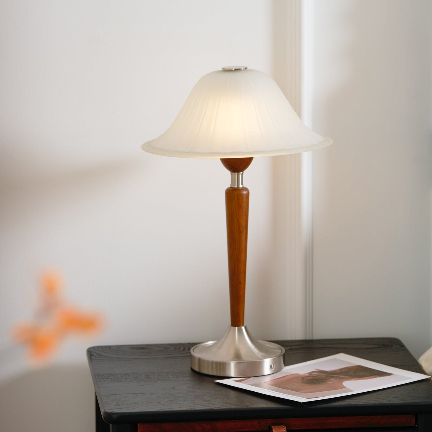 Vintage Table Lamp | Fluted Frosted Glass Shade | Walnut & Nickel Finish