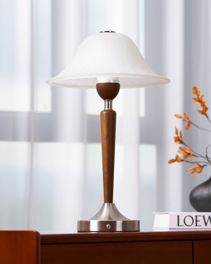 Vintage Table Lamp | Fluted Frosted Glass Shade | Walnut & Nickel Finish