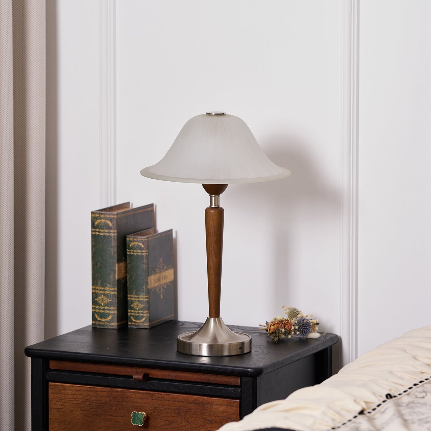Vintage Table Lamp | Fluted Frosted Glass Shade | Walnut & Nickel Finish