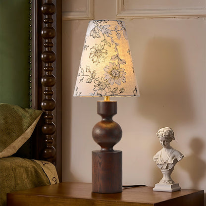 Wooden Table Lamp | Dark Walnut Base with Floral Shade | 22cm Diameter