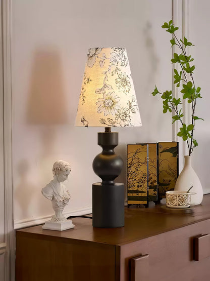 Wooden Table Lamp | Dark Walnut Base with Floral Shade | 22cm Diameter