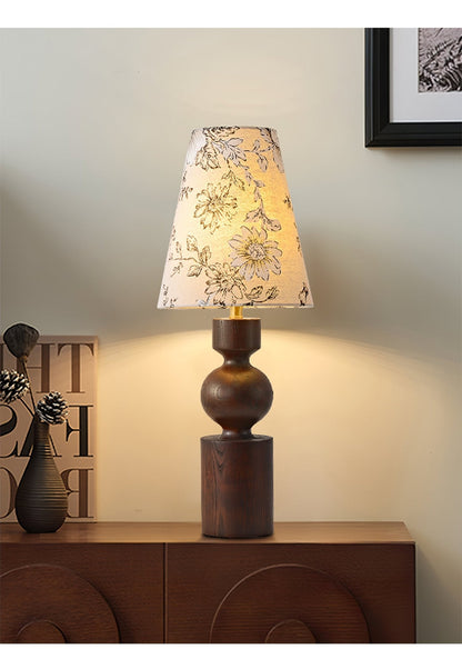 Wooden Table Lamp | Dark Walnut Base with Floral Shade | 22cm Diameter